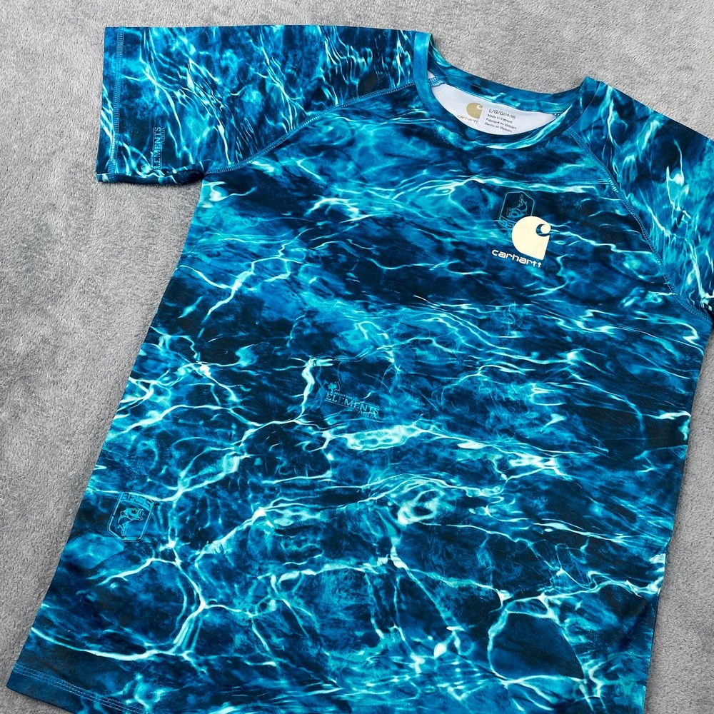 Carhartt Kids L 14-16 Fishing Shirt Blue Mossy Oak Elements Aqua Performance Tee